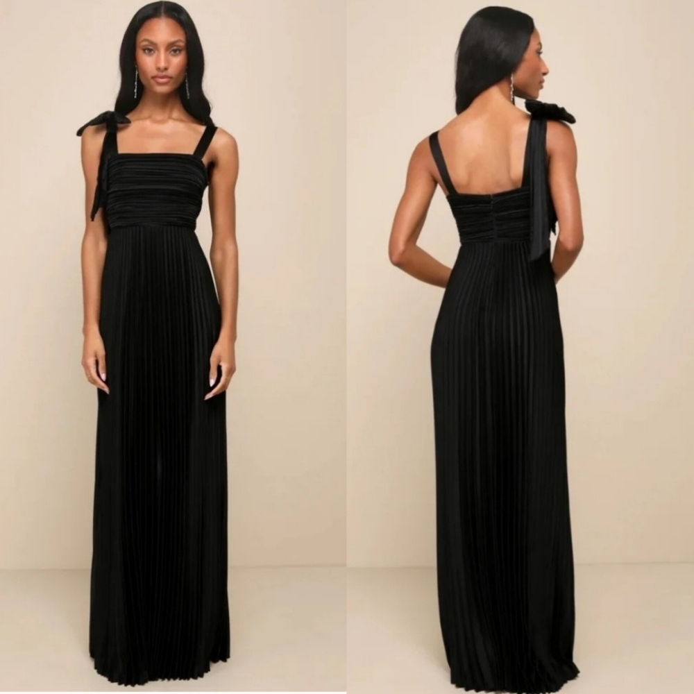 Lulu's Gorgeous Purpose Black Satin Pleated Sleeveless Bow Maxi Dress S Wedding